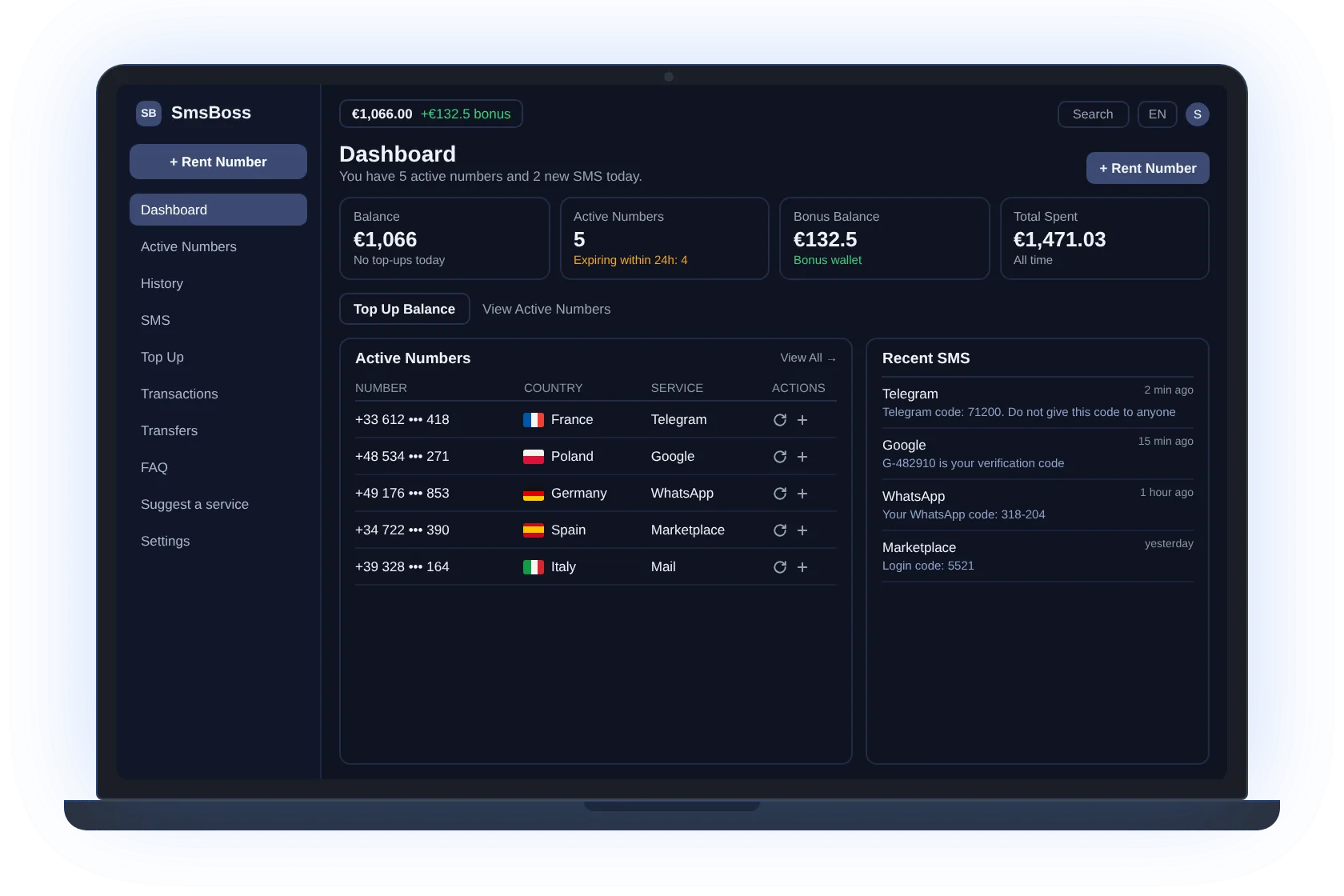 SmsBoss web dashboard